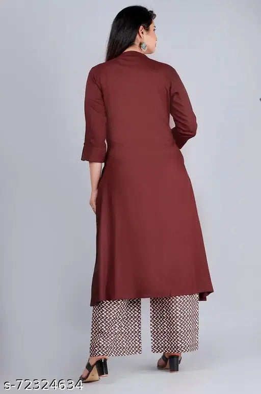 Rayon A-line kurti & printed palazzo set (2), solid design, Indian ethnic wear