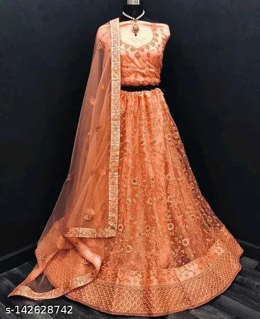 Orange embroidered lehenga choli set with heavy net fabric, free size, semi-stitched or unstitched, including one lehenga, dupatta, and blouse. Ruffled lehenga and embellished blouse, 2.5m lehenga flair, waist-40", height-43". Made in India