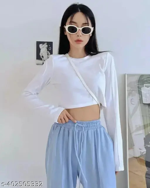 Long-sleeve cotton crop top for women, solid style in XS, S, M sizes (19 inch bust)