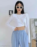 Long-sleeve cotton crop top for women, solid style in XS, S, M sizes (19 inch bust)