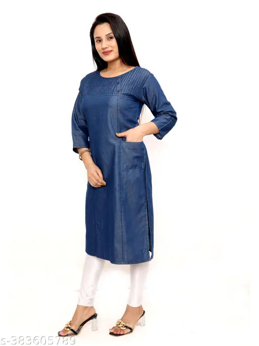 Dark denim round neck kurta, three-quarter sleeves, solid, size M (38in bust, 40in length)