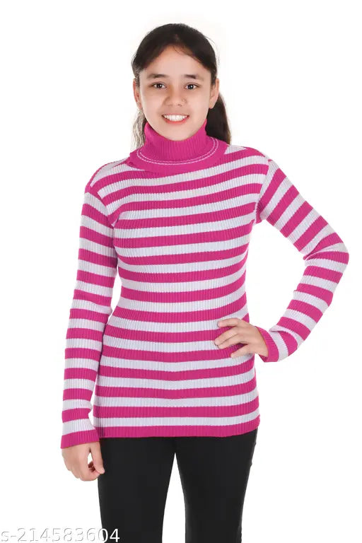 Pink and white striped wool sweater for girls, full sleeves, high neck, warm winter pullover.