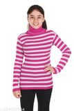 Pink and white striped wool sweater for girls, full sleeves, high neck, warm winter pullover.