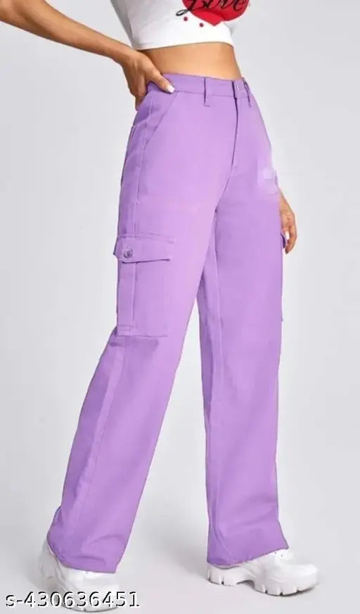 High-rise lavender cotton blend cargo pants with four pockets for women, comfortable and versatile for casual or formal wear