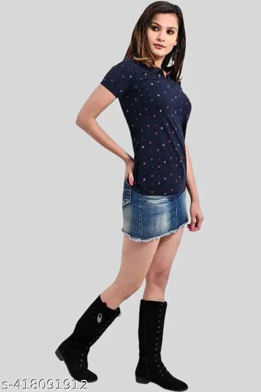 Women's polo neck cotton blend printed t-shirt, short sleeves, pyro spirit brand, size S (34in bust, 24in length)