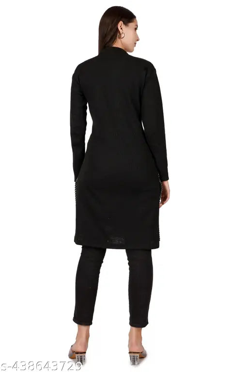 Woolen black long kurta, long sleeve, mid-length, women's