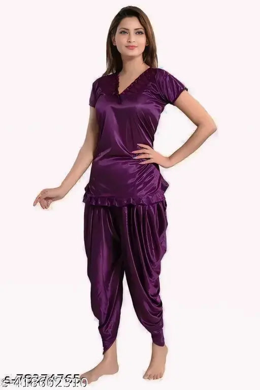 Purple satin Patiala night suit set: Half sleeves Patiyala top & pyjama, stylish sleepwear for women