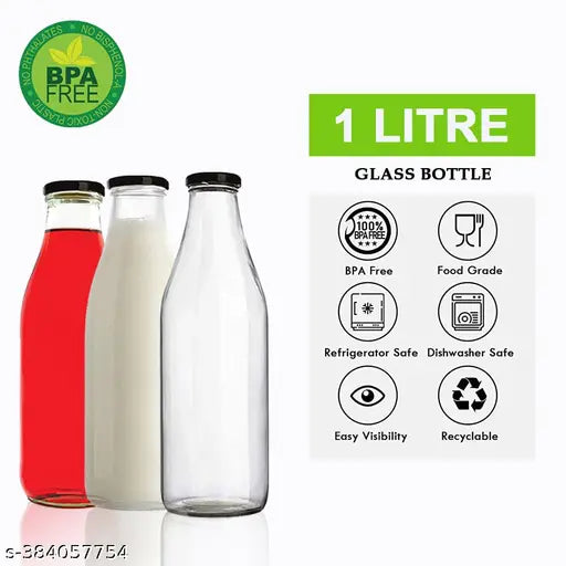 Clear glass bottles, 1000ml, recyclable, 2 pack, dishwasher & fridge safe.