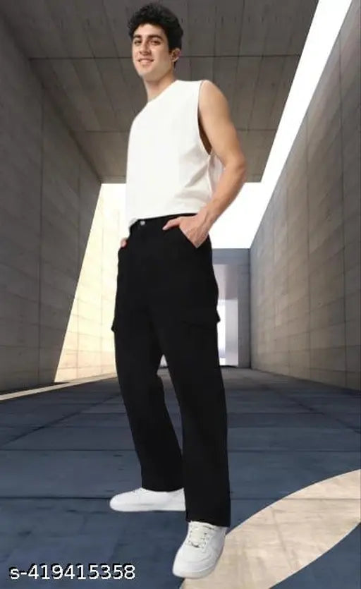 Black oversized denim baggy cargo pants, solid pattern, size 32/waist 32in, length 40in, hip 39in, Indian origin