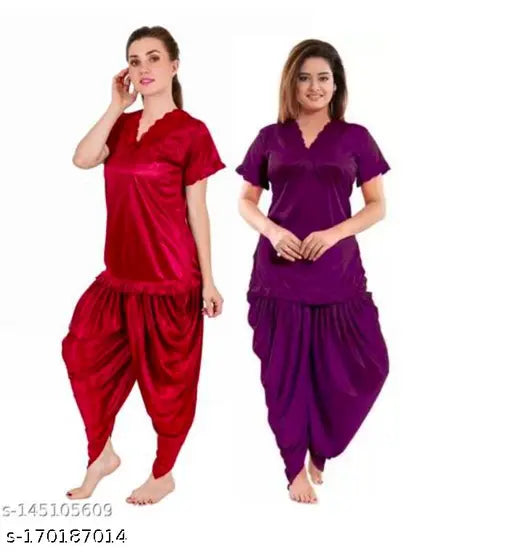 Maroon begni combo patiyala night dress & nighty suit set, satin fabric, Indian traditional design for women's fashion