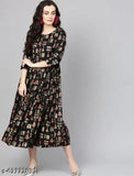 Black rayon three-quarter sleeve kurti with printed combo, single size options M (38in bust, 50in length) and L (40in bust, 42in length). Indian ethnic wear for women