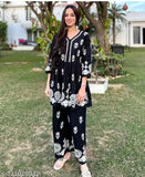 Black embroidered rayon kurta pants set, long sleeves, Indian party wear for women