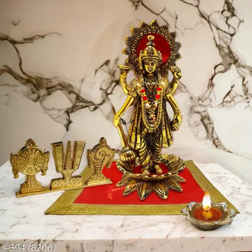 Lotus Flower Idol, Tirupati Bhagwan Vishnu Aluminium Metal Tabletop with Diya and Handicraft Moti Mala for Puja, Red Velvet Carpet at Base, Aasan Seat