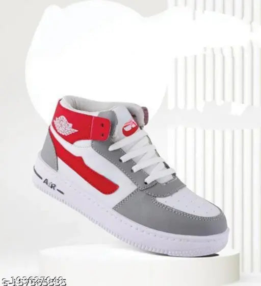 Black and red sports shoe, white sole with red logo