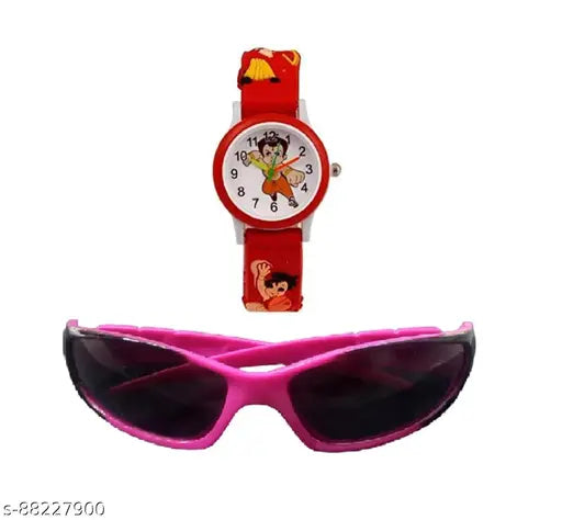 Red Bheem & Pink Naughty unisex child oval sunglasses with watch (free size, India origin)