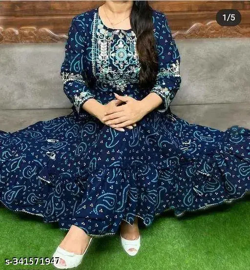 Rayon bandhani embroidered Anarkali long kurti, three-quarter sleeves, Indian rayon print