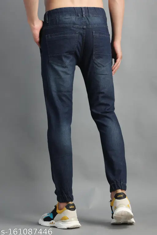 Dark blue denim men's slim fit jogger jeans, stylish and comfortable wear