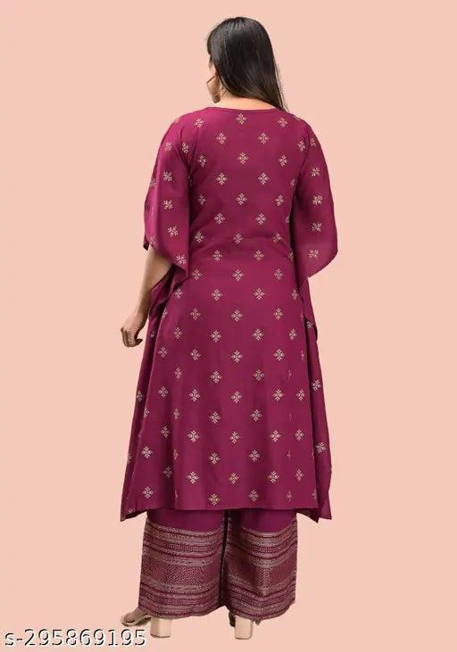 Rayon floral kurta set with palazzo bottoms by KASHISHIYA, three-quarter sleeves, printed net pattern