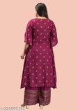 Rayon floral kurta set with palazzo bottoms by KASHISHIYA, three-quarter sleeves, printed net pattern