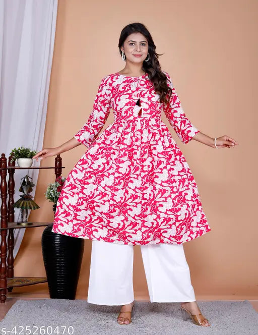 Pink cotton blend Anarkali kurta palazzo set, three-quarter sleeves, printed net pattern, Indian origin