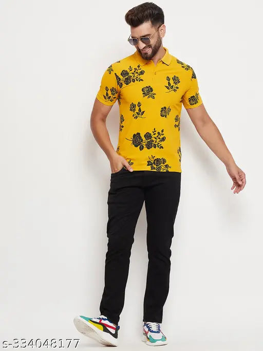 Rare men's cotton blend allover printed polo collar t-shirt, short sleeves, L (Chest 42in, Length 28in), XL (Chest 44in, Length 29in)