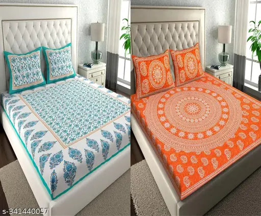 100% Cotton Jaipuri Printed Double Bed Bedsheet Combo Pack 2 Double Bedsheet with 4 Pillow Cover