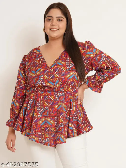 Grey and pink puff sleeve A-line top, floral geometric print, long V-neck, woven crepe - Indian design