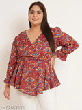 Grey and pink puff sleeve A-line top, floral geometric print, long V-neck, woven crepe - Indian design