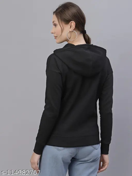 Black cotton solid-hooded sweatshirt for women, ideal wardrobe essential with full sleeves and relaxed fit, made in India