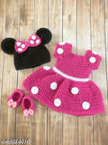 Knitted wool comfy baby dress in self-design net pattern, sizes 0-3M (bust 10.5in, length 12in), Indian origin