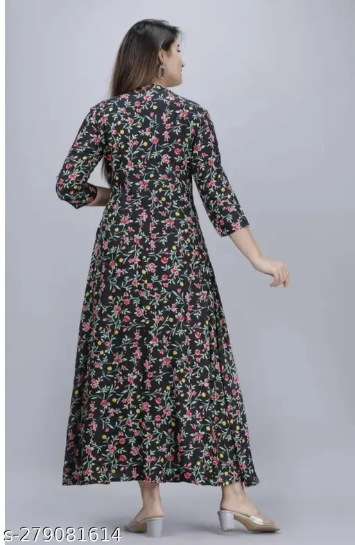 Black Rayon Anarkali gown, printed and stylish for women and girls, three-quarter sleeves. Anarkali fashion for festivals or daily wear. Indian origin