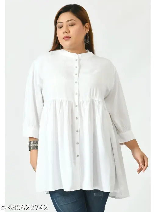 White rayon three-quarter sleeve top by SAAKAA, solid design on Indian-made women's wear perfect for everyday style