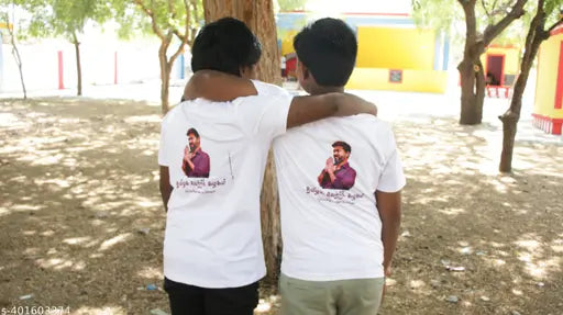 Men's cotton half sleeve TVK T-shirt, printed with Thalapathy Vijay image, ideal for sports and fitness activities like running, dancing, training, walking, and gym workouts. Made in India