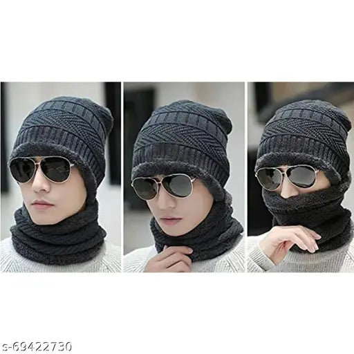 Black woolen beanie, muffler scarf set for unisex wear, 20 degree temperature range