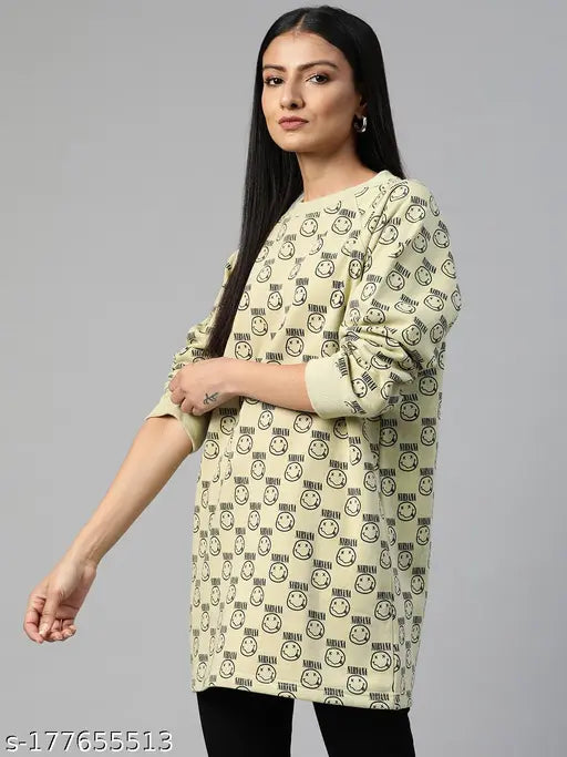 Lime green printed cotton blend sweatshirt for women, Laabha brand, long sleeves, size M (36in bust, 36in waist)