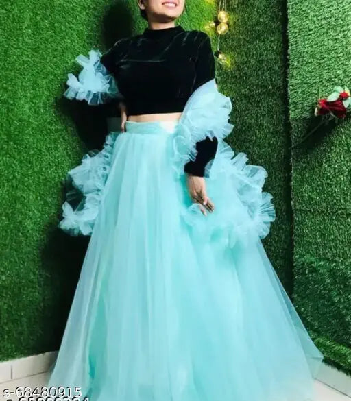 Velvet and net GUDIYA-1 lehenga with ruffled dupatta, trendy traditional Indian wear in free size (44in waist, 44in length, 2.3m dupatta)