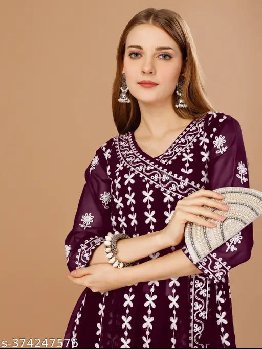 Purple embroidered kurta with a side pocket