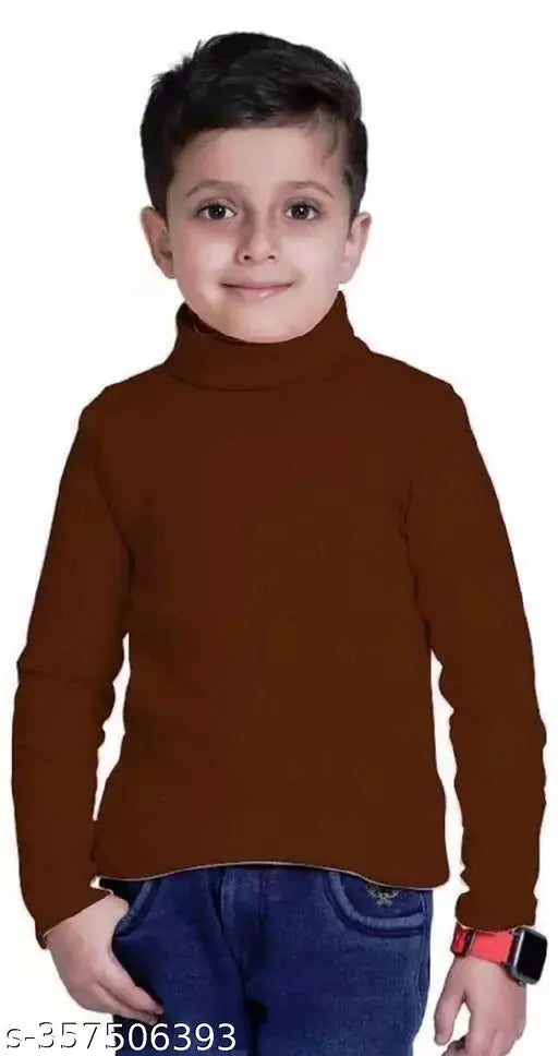 Cotton blend long-sleeved highneck turtleneck T-shirt for kids (4-5yrs to 11-12yrs), solid color design, made in India