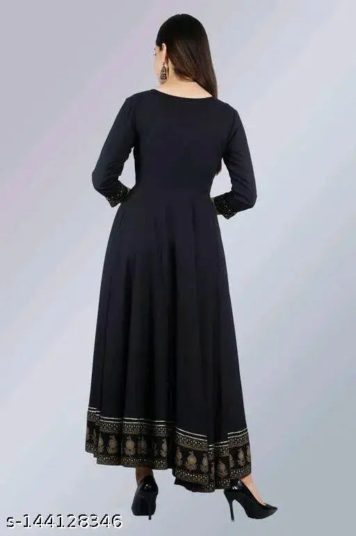 Gold rayon Anarkali gown with three-quarter sleeves, charming print design, women's ethnic wear India