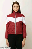 Maroon polyester women's jacket, solid design in XS, S, or M size, model on mannequin