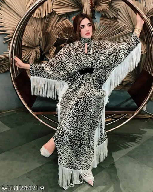 1213 White Leopard Print Fringe Maxi Dress, silky material, long sleeves.