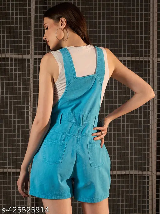 Blue denim dungaree shorts for women on a mannequin, India-made solid pattern style