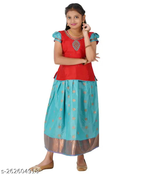 Silk and art silk kids' lehenga choli set, traditional Kanchipuram pattu pavadai with Aari work and heavy stone detailing, India origin