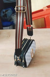 Black leather adjustable sling bag, fashionable unisex design, trippal chain straps