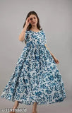 Blue rayon flower print gown for women and girls, daily wear, party wear, office wear - full printed designer kurti with short sleeves