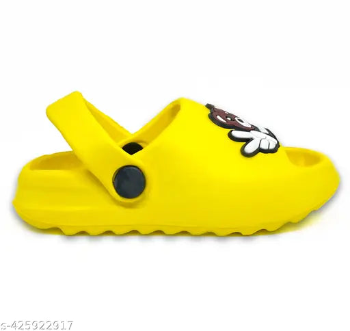 Comfortable EVA clogs for kids, featuring cartoon character pattern. Lightweight and breathable with adjustable back strap - perfect for playtime or water activities. Size: 6-9 months to 6 years, made in India