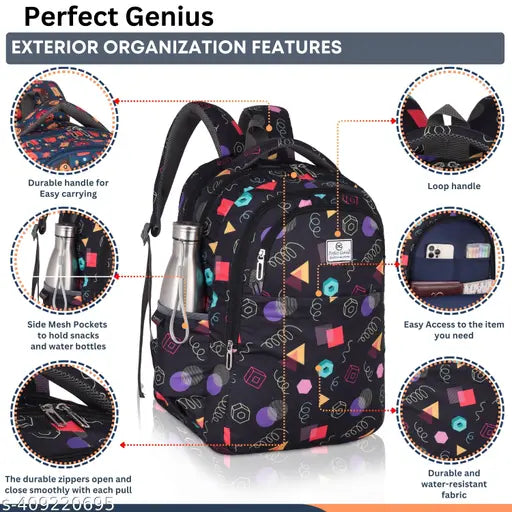 Black water-resistant polyester net high storage backpack for girls, printed with floral design, ideal for school/college/travel