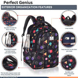 Black water-resistant polyester net high storage backpack for girls, printed with floral design, ideal for school/college/travel