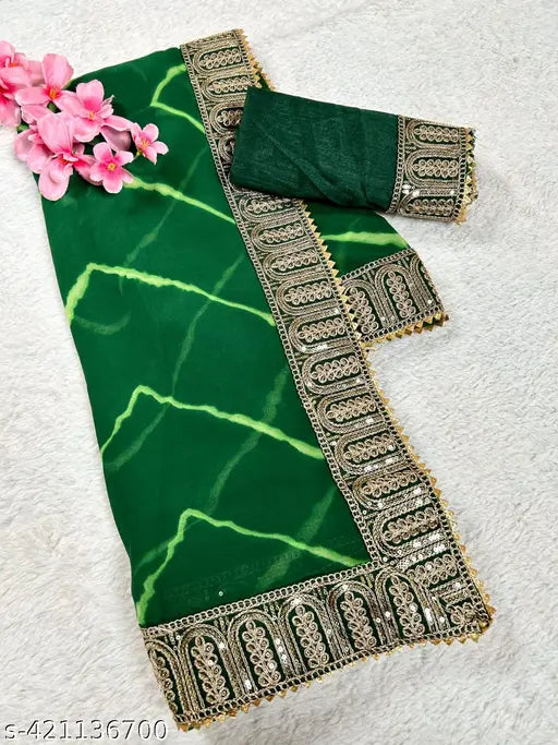Green georgette saree and blouse set for women's traditional wear
