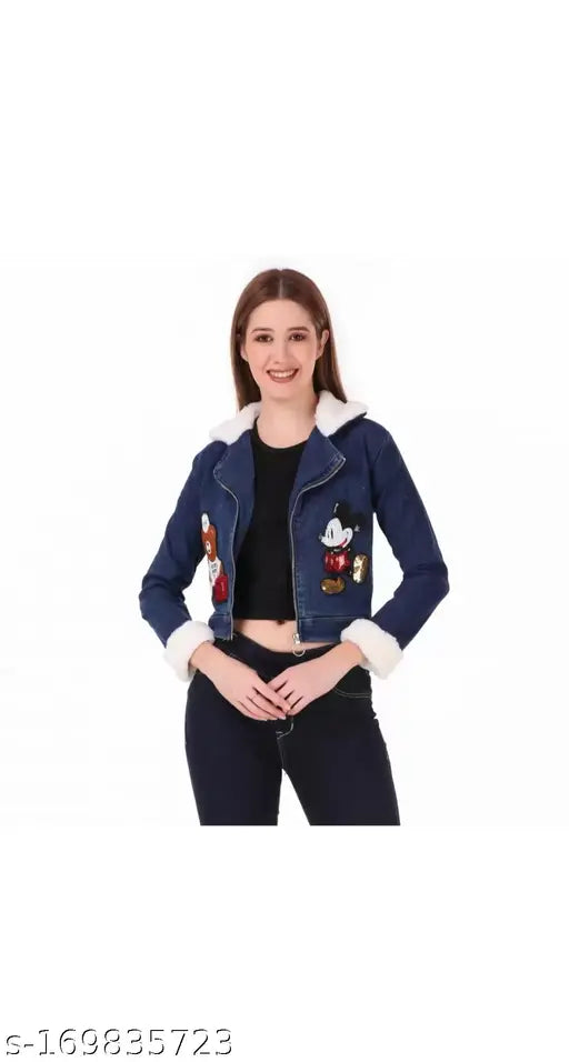 Denim women's jacket with long sleeves, embroidered net pattern, size S (bust 32in, length 24in), made in India